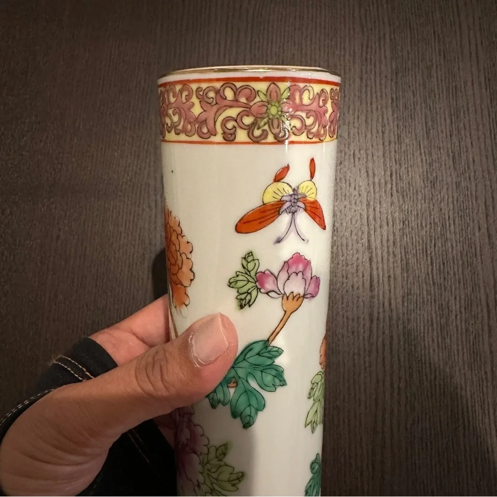 Vintage Oriental Asian Multicolor Artwork Cylindrical Round Vase 8” Tall approx.